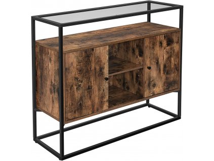 Dřevěná komoda Sasa, černá  Odkládací skříňka, kuchyňská skříňka, otevřené přihrádky, 100 × 35 × 80 cm, ocelová konstrukce, tvrzené sklo, vintage černá.