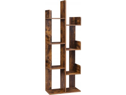 Knihovna Keita, vintage hnědá Knihovna ve tvaru stromu, stojací regál s 8 přihrádkami, úložný regál, 50 x 25 x 140 cm, se zaoblenými rohy, rustikálně hnědá.