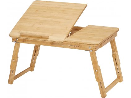 Odkládací stolek na laptop Azibo, přírodní  Stolek na laptop z bambusu, stůl do postele, podnos na snídani, výškově nastavitelný a skládací, 5 úhlů sklonu, malá zásuvka, v přírodní barvě.