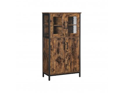 Dřevěná komoda Fynn s dvířky, Rustikální hnědá  Dřevěná komoda, koupelnová skříňka, příborník, úložná skříňka, nastavitelné police, ocelový rám, industriální styl, vintage, hnědá-černá.