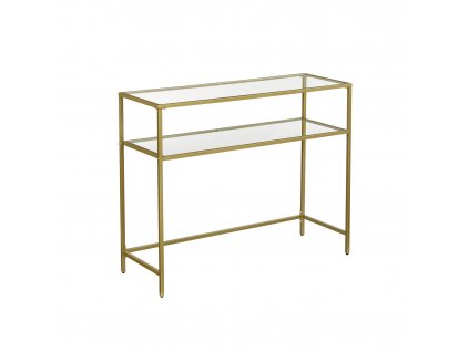 Odkládací stolek Arvida, Zlatá  Konzolový stolek, odkládací stolek, 2patrový úložný regál z tvrzeného skla, kovový rám, nastavitelné nohy, zlatá.