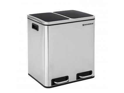 Odpadkový koš Jackson, Stříbrná / Černá  Odpadkový koš do kuchyně, 2 x 15 l, systém pro rozdělení odpadků, odpadkový koš z kovu, pedálový koš s vnitřními kbelíky a rukojetěmi, recyklace, vzdu