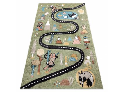 Dětský kusový koberec FUN Route, ulice, zvířata zelená  Dětský kusový koberec FUN Route, ulice, zvířata zelená -