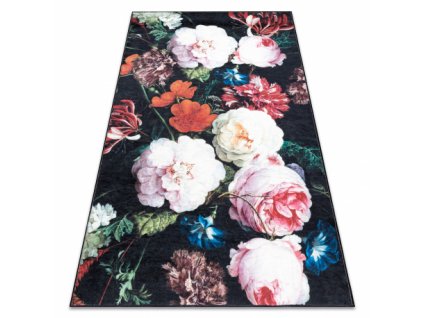 Kusový koberec ANDRE pratelný 1629 květiny vintage protiskluz, černý / růžový  Kusový koberec ANDRE pratelný 1629 květiny vintage protiskluz, černý / růžový -
