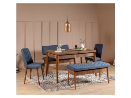 Sada rozkládacího jídelního stolu a židlí (5 kusů) Vina Ořech, Tmavá Modrá  Sada rozkládacího jídelního stolu a židlí (5 kusů)