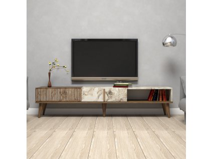 TV stolek Milan - Walnut, White Marble, Ořech, Bílá  TV stolek