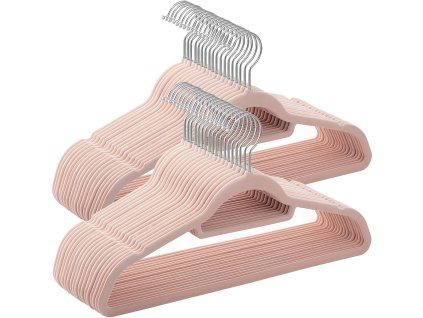 Ramienka zamatová Ashmeeta, Set 50 ks, Ružová  Zamatové ramienka, sada 50 ks, 0,6 cm hrubé ramienka na obleky a saká s protišmykovým povrchom, s dvoma zárezmi, s háčikmi otočnými o 360°, svetlo ruž