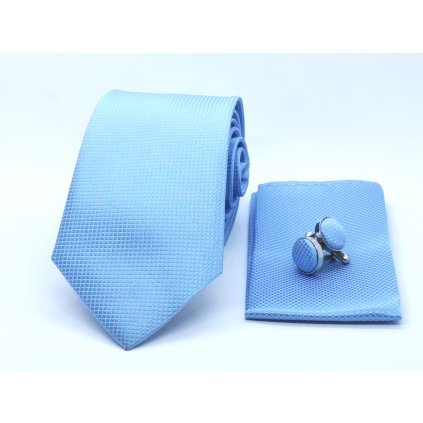 Světle modrá sada s jemnou aplikací- kravata, kapesníček a manžetové knoflíčky