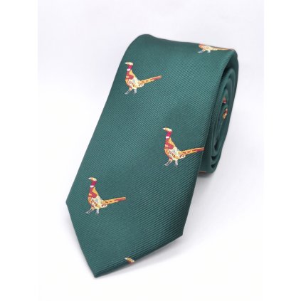 Kravata zelená s bažanty v chodu