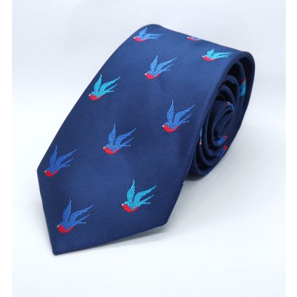 Kravata tmavě modrá s motivem ptáčků, vlaštovek