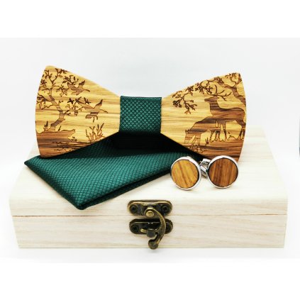 Dřevěný motýlek sada zelená s jelenem