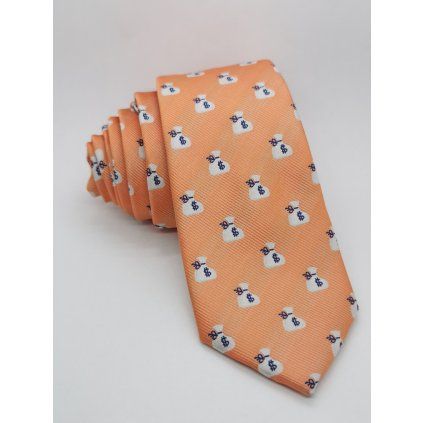 Kravata oranžová s pytly peněz