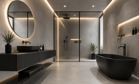 Betonová stěrka v moderní futuristické koupelně