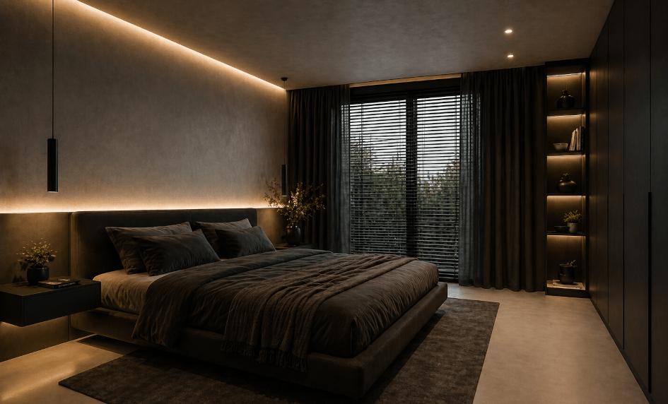 Betonová stěrka v moderní ložnici