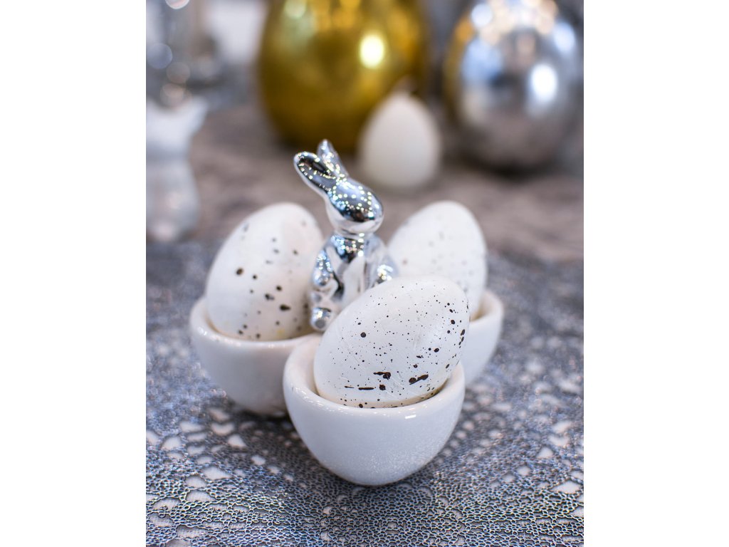 Stojan na vajíčka - keramický biely so strieborným zajačikom
