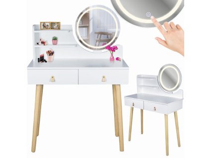 Kozmetický toaletný stolík s LED zrkadlom - SCANDI biely