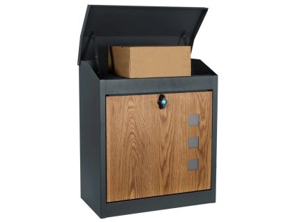 skrzynka na listy i paczki XXL z transferem drewna przod z paczka w srodku