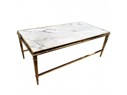 Neobvyklý konferenčný stolík Livo s bielou mramorovou doskou a zlatým rámom 130/70/50 cm