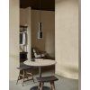 26516 Blend dining table Off White top round Dark Bronze base 10180 Osso stool Brown frame Black Leather cushion WEB