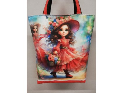 Taška nákupka digitální tisk 49 x 42 cm se zipem Holčička s červenými šaty