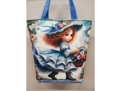 Taška nákupka digitální tisk 49 x 42 cm se zipem Holčička s modrými šaty