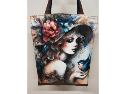 Taška nákupka digitální tisk 49 x 42 cm Dáma s ptáčkem