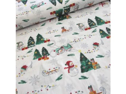 Bavlněná látka vánoční šíře 160cm sněhulák a stromek 50cm