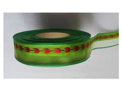Plátnová stuha s monofilem a drátkem 25mm zelená a červený tulipán