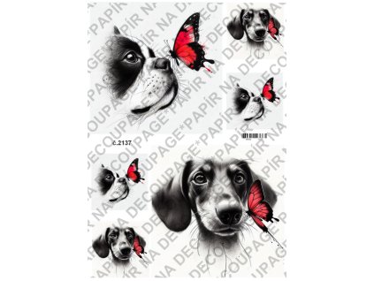 Rýžový a soft papír na decoupage - Pes, motýl kresba - KB2137