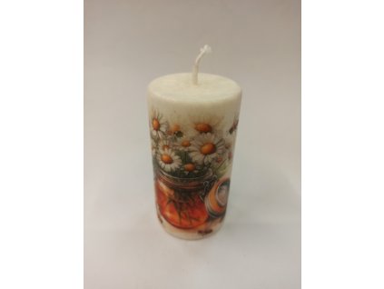 Svíčka palmová zdobená - válec 10,5 cm - Med a kopretiny