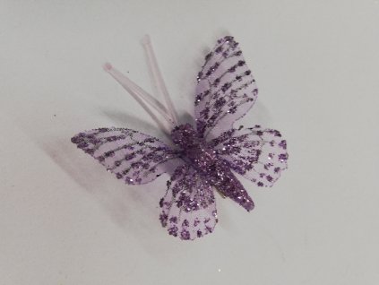 Závěsná dekorace na klip motýl 5cm fialový třpytkovaný