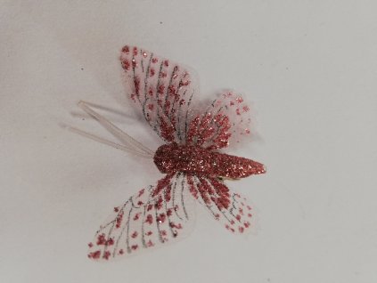 Závěsná dekorace na klip motýl 5cm růžový třpytkovaný