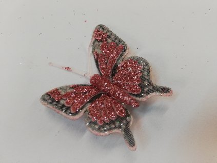 Závěsná dekorace na klip motýl 5cm růžový s třpytky, černé okraje