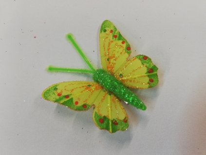 Závěsná dekorace na klip motýl 5cm zelený se třpytky, tečkovaný