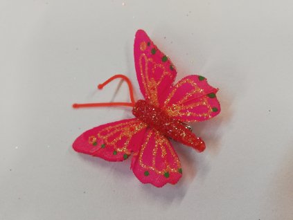 Závěsná dekorace na klip motýl 5cm tmavě růžový se třpytky, tečkovaný