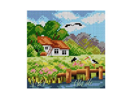 Tištěná předloha pro výšivku 15 x 15 cm Dům na jaře