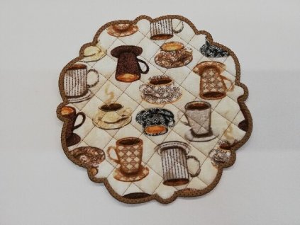 Textilní prostírání na stůl kulaté 20cm hnědé hrnečky s kávou