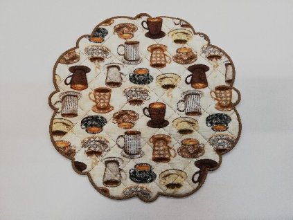 Textilní prostírání na stůl kulaté 30cm hnědé hrnečky s kávou