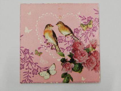 Obrázek na destičce 15 x 15 Ptáčci s růžemi na růžové