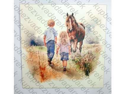 Obrázek na destičce 20 x 20 Děti s koněm