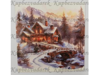 Obrázek na destičce 15 x 15 cm Zimní krajinka s chatou