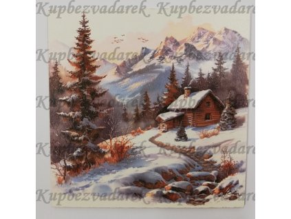 Obrázek na destičce 15 x 15 cm Zimní krajinka s chatou2