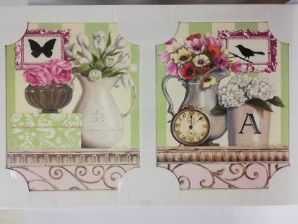 Sada 2x obraz na desce 24 x 30 cm Květiny ve váze na komodě