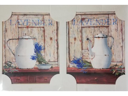 Sada 2x obraz na desce 24 x 30 cm Konvice s levandulí