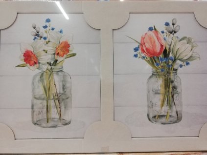 Sada 2x obraz na desce 24 x 30 cm Květiny ve sklenici