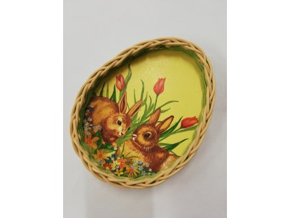 Košík ve tvaru vajíčka s motivem zajíčci s tulipány