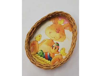 Košík ve tvaru vajíčka s motivem zajíček s vajíčky a kuřátky