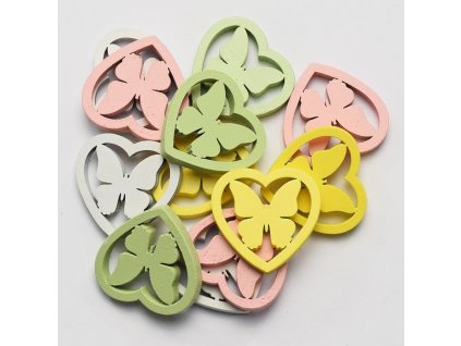 Dřevěná dekorace srdíčko s motýlem žluté 2,7 x 2,7cm