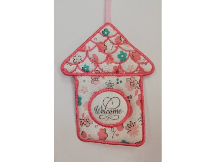 Látkový domeček plochý č.2 bílý s růžovým okrajem Welcome