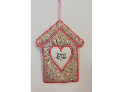 Látkový domeček plochý č.3 šedý s růžovým okrajem Welcome Home